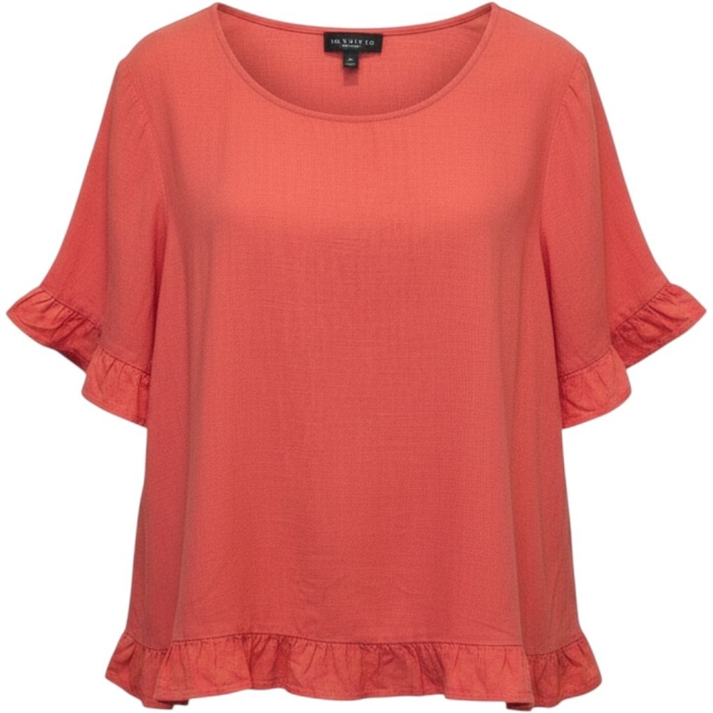 I.N. Studio Coral Ruffle Hem Tie Back Top Women's 1X Plus Size linen blend